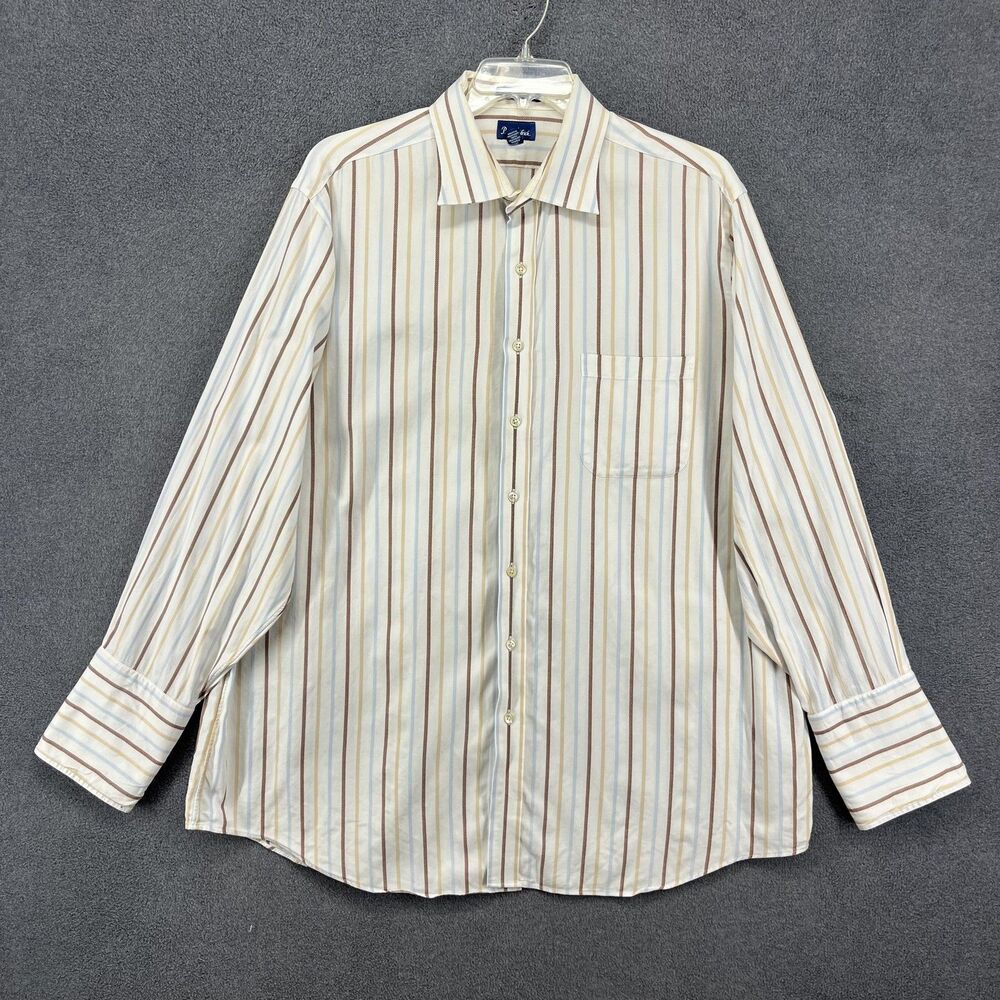 Paul Fredrick Shirt Mens XL 18-35 White Blue Brown Striped Dobby Button Up Dress